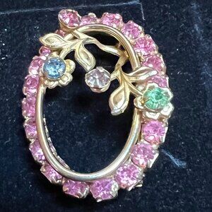 Oval Pink & Multicolor Rhinestone Flower Brooch Gold Tone Vintage